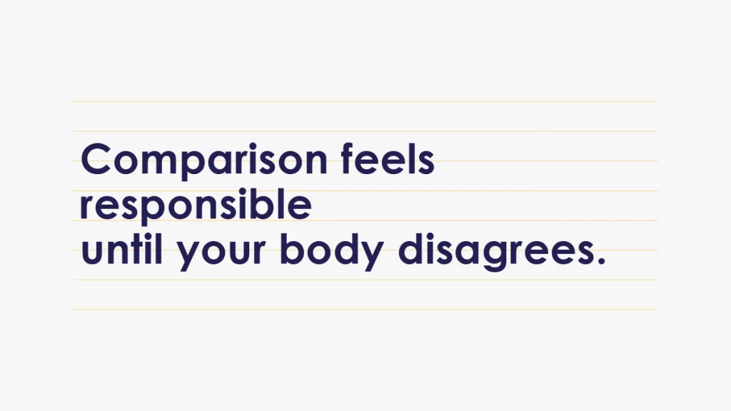 Journal-style lined background with text about comparison feeling responsible before the body notices misalignment.